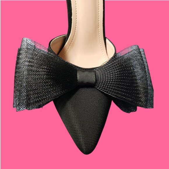 Pointed Toe Heels With Tulle Bow Detail & Ankle Strap Elegant Women Blck Size 37 - Picture 9 of 16
